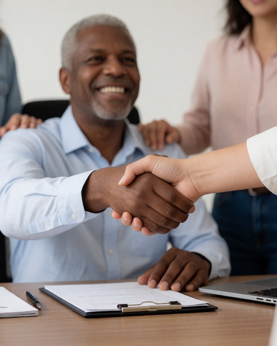 A smiling businessman shaking hands with a client in a professional office setting, with a laptop and contract visible on the desk.