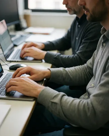 Close-up of hands typing on a laptop keyboard during a business meeting, with documents and coffee on a wooden desk in a professional office environment