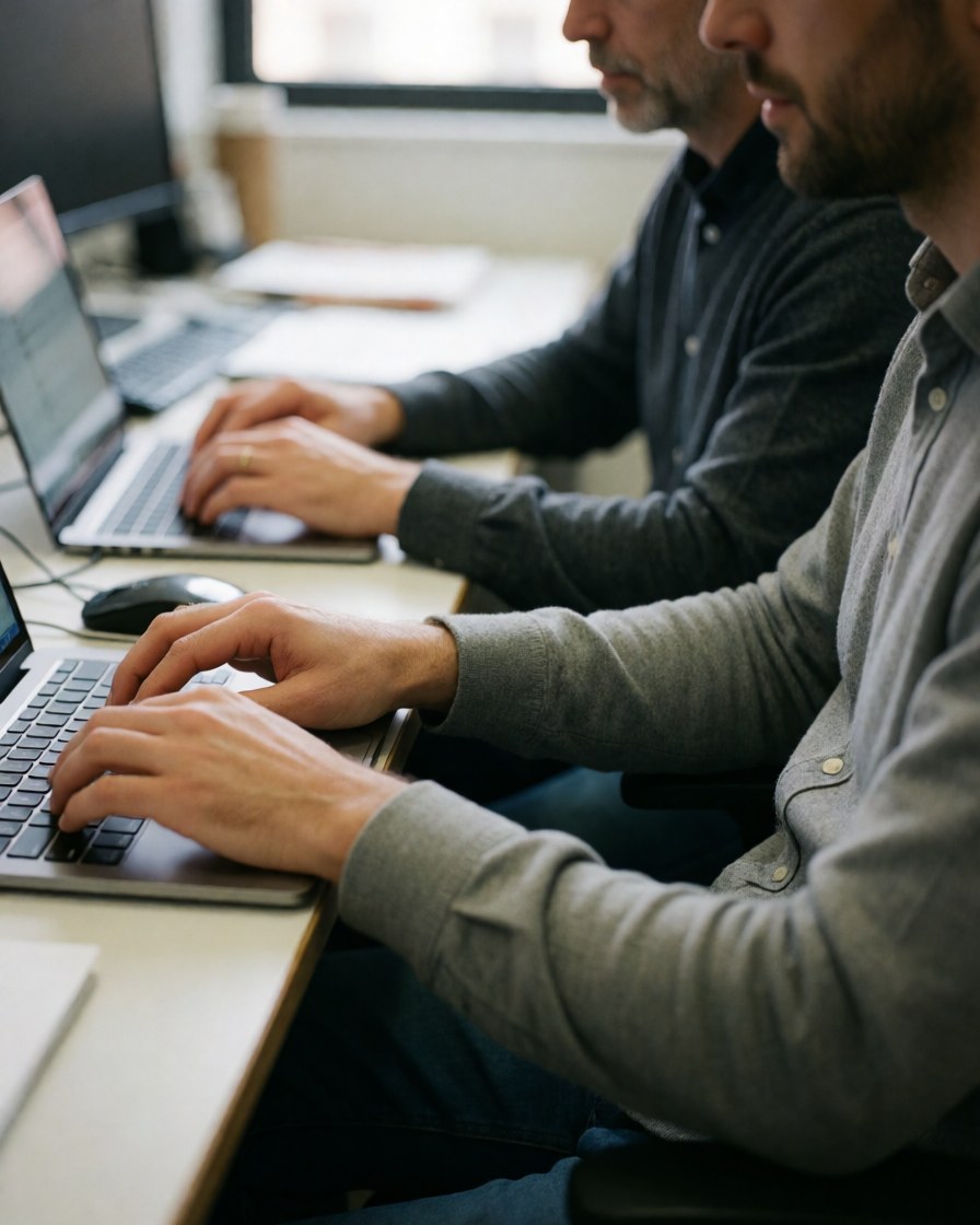 Close-up of hands typing on a laptop keyboard during a business meeting, with documents and coffee on a wooden desk in a professional office environment