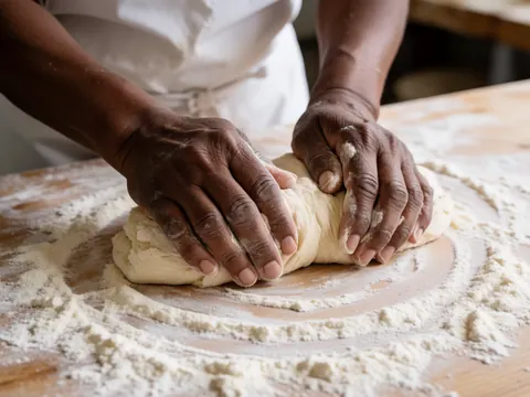 Close-up of skilled hands kneading bread dough on a rustic wooden surface, highlighting the texture of the flour and the artisanal process of baking.