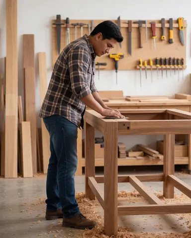 Carpenter assembling a wooden table in a workshop with tools hanging on the wall and wood shavings on the floor