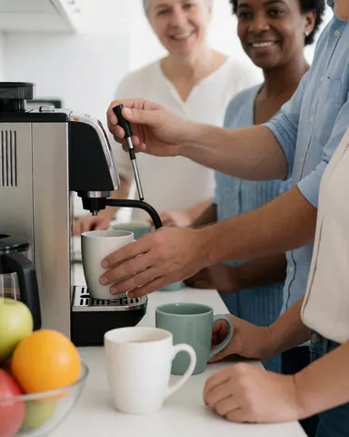 Close-up of hands using a coffee machine in a shared kitchen area during a coworking pause, with fresh fruit and a mug visible on the counter