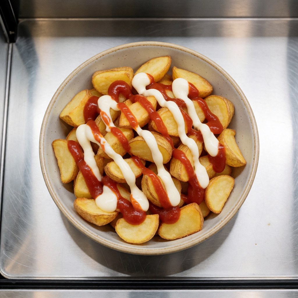 Crispy potatoes bravas served in a ceramic bowl on a stainless steel counter with red and white sauces, viewed from above