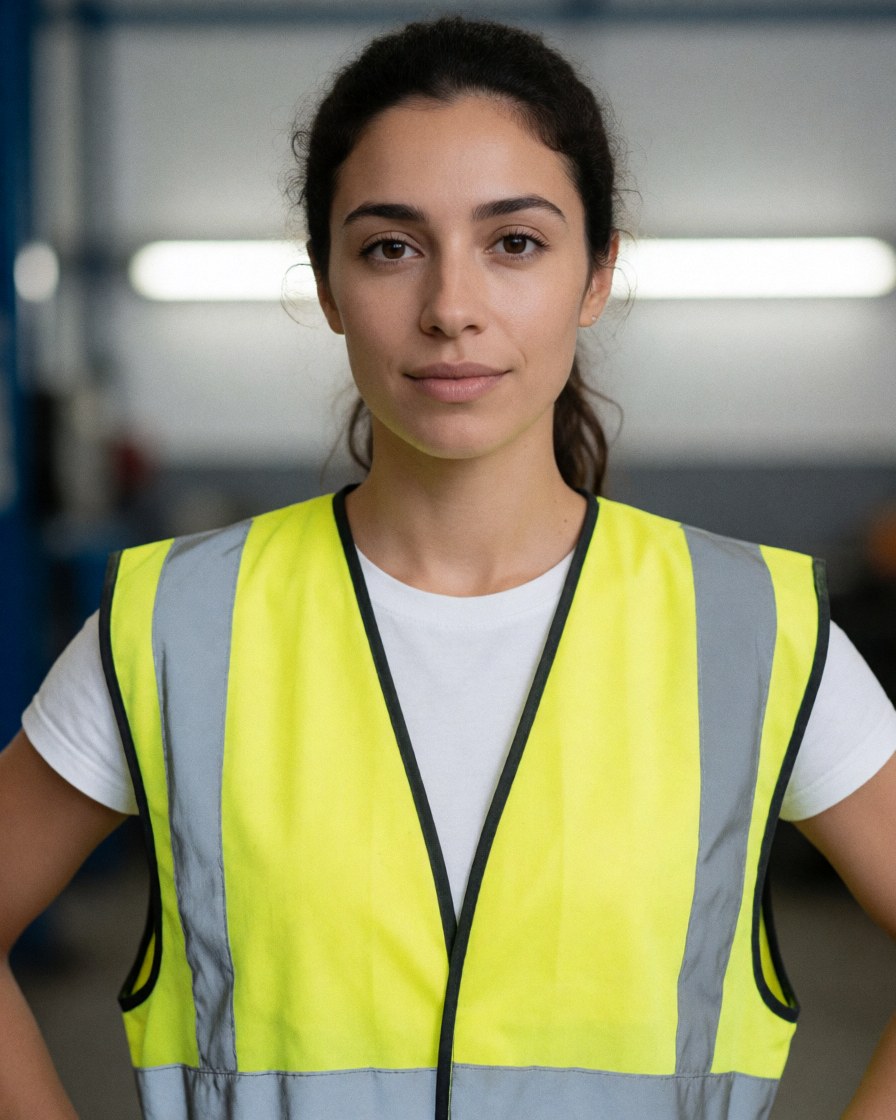 A young female driving school instructor wearing a reflective safety vest stands with hands on hips in a workshop setting, looking directly at the camera.