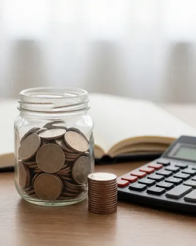 A glass coin jar, calculator, and notebook resting on a wooden surface, symbolizing savings and accounting concepts for business finance.