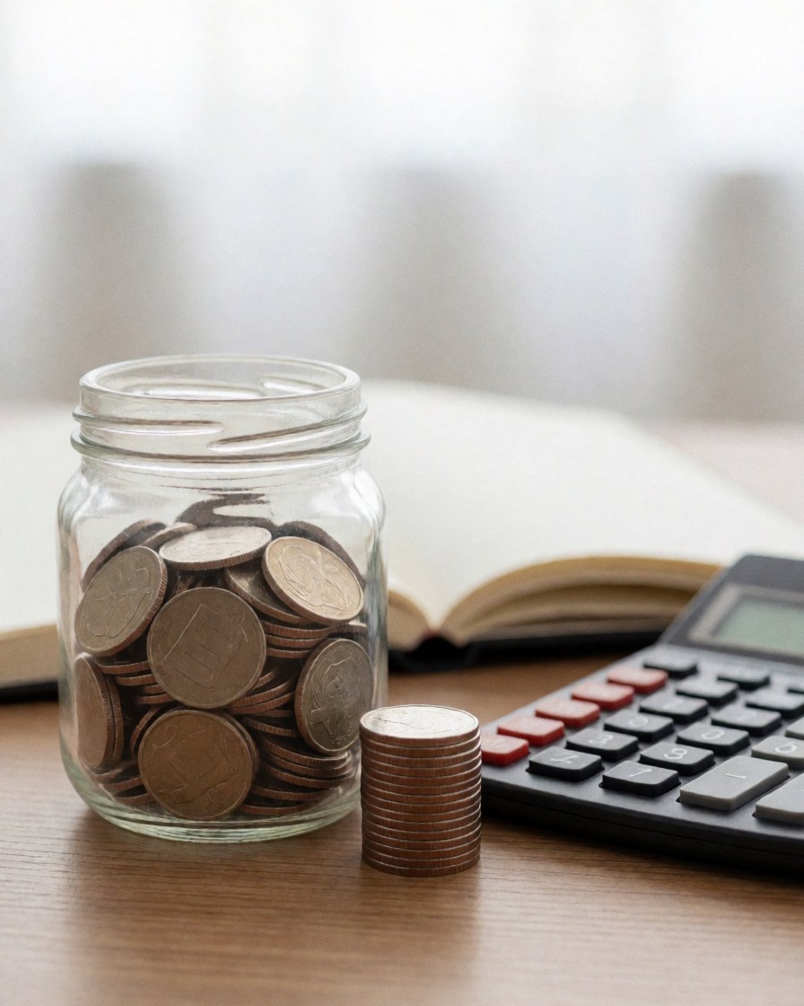 A glass coin jar, calculator, and notebook resting on a wooden surface, symbolizing savings and accounting concepts for business finance.