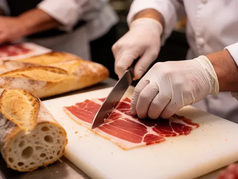 Close-up of gloved hands slicing Iberian ham with a knife next to a baguette in a food truck setting with a blurred background