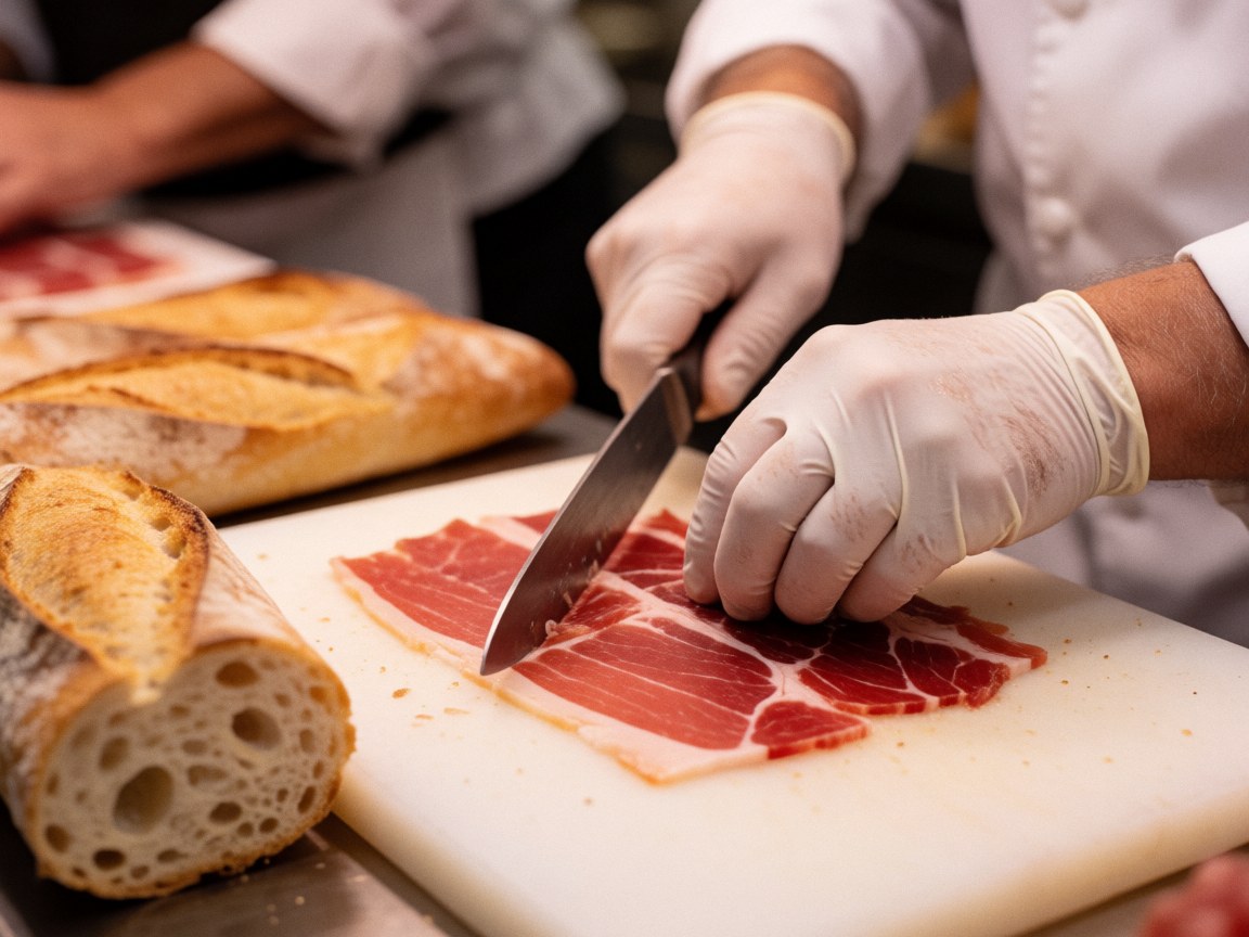 Close-up of gloved hands slicing Iberian ham with a knife next to a baguette in a food truck setting with a blurred background