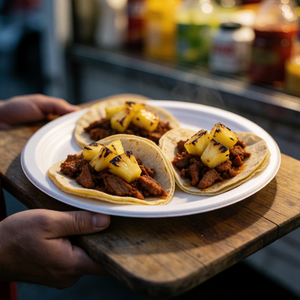 Three al pastor tacos with grilled pineapple on corn tortillas served on a white plate atop a rustic wooden board with a blurred food truck background