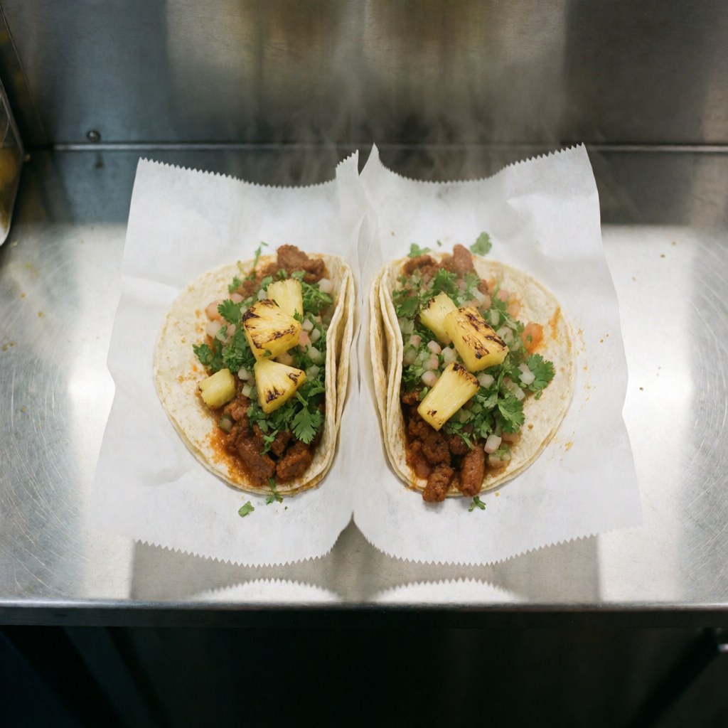 Top-down view of fresh al pastor tacos topped with grilled pineapple chunks and chopped cilantro on a wooden counter, with steam rising from the hot street food truck meal