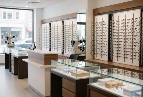 Clean optical shop interior featuring glasses shelves, measurement equipment, and counters illuminated by natural light