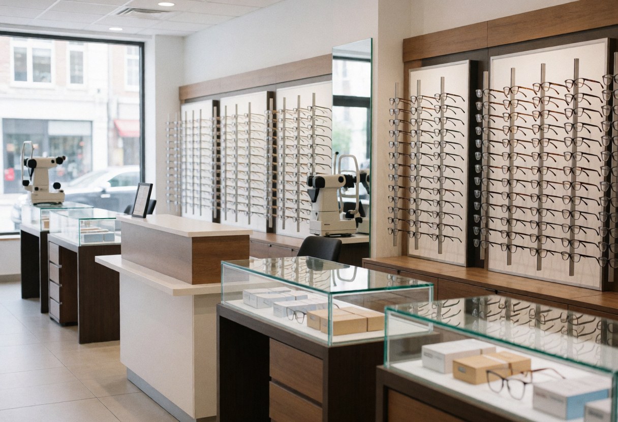 Clean optical shop interior featuring glasses shelves, measurement equipment, and counters illuminated by natural light