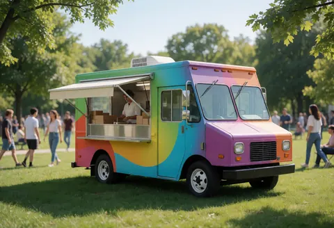 A vibrant food truck parked in a sunny park with a vendor serving customers and people walking in the background.