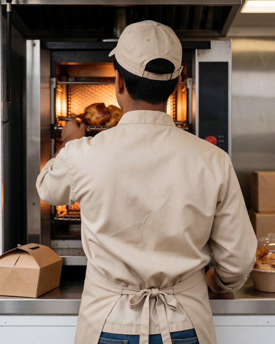 A chef in a clean uniform inspects rotisserie chicken inside a food truck under warm lighting, showcasing professional food preparation.