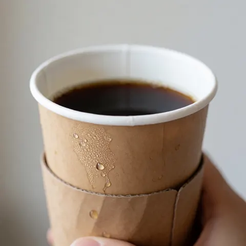 Close-up of a hand holding a brown paper coffee cup with cardboard sleeve, showing condensation droplets against a soft gray background.