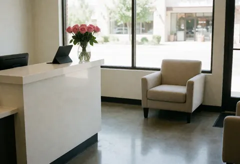 Modern hair salon reception area featuring a beige chair, pink roses, and a tablet on a table, illuminated by natural light over polished concrete floors.
