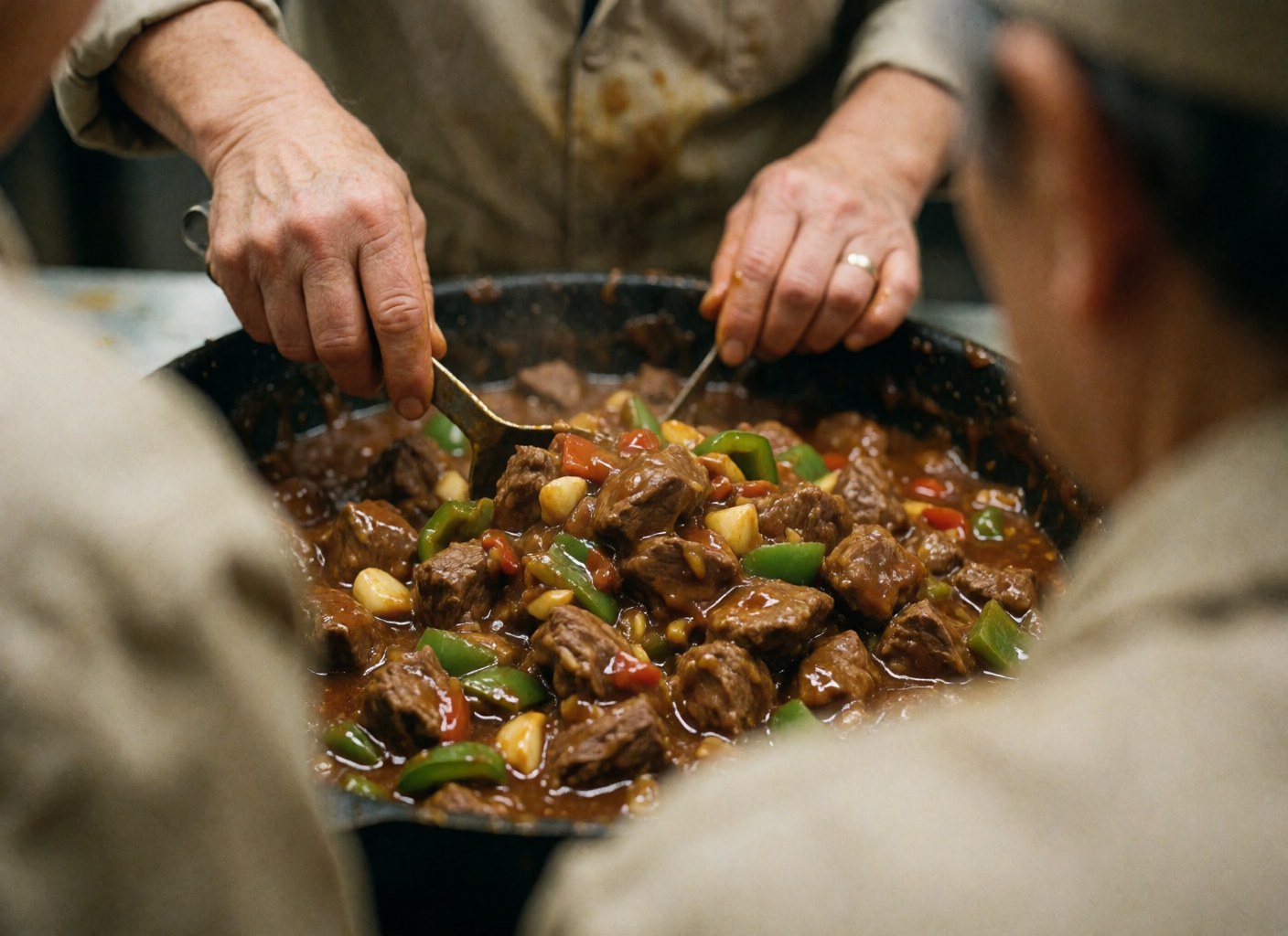 A detailed view of a rich goat meat sauce simmering in a pan with visible chunks of meat, peppers, and garlic, suitable for food truck menus