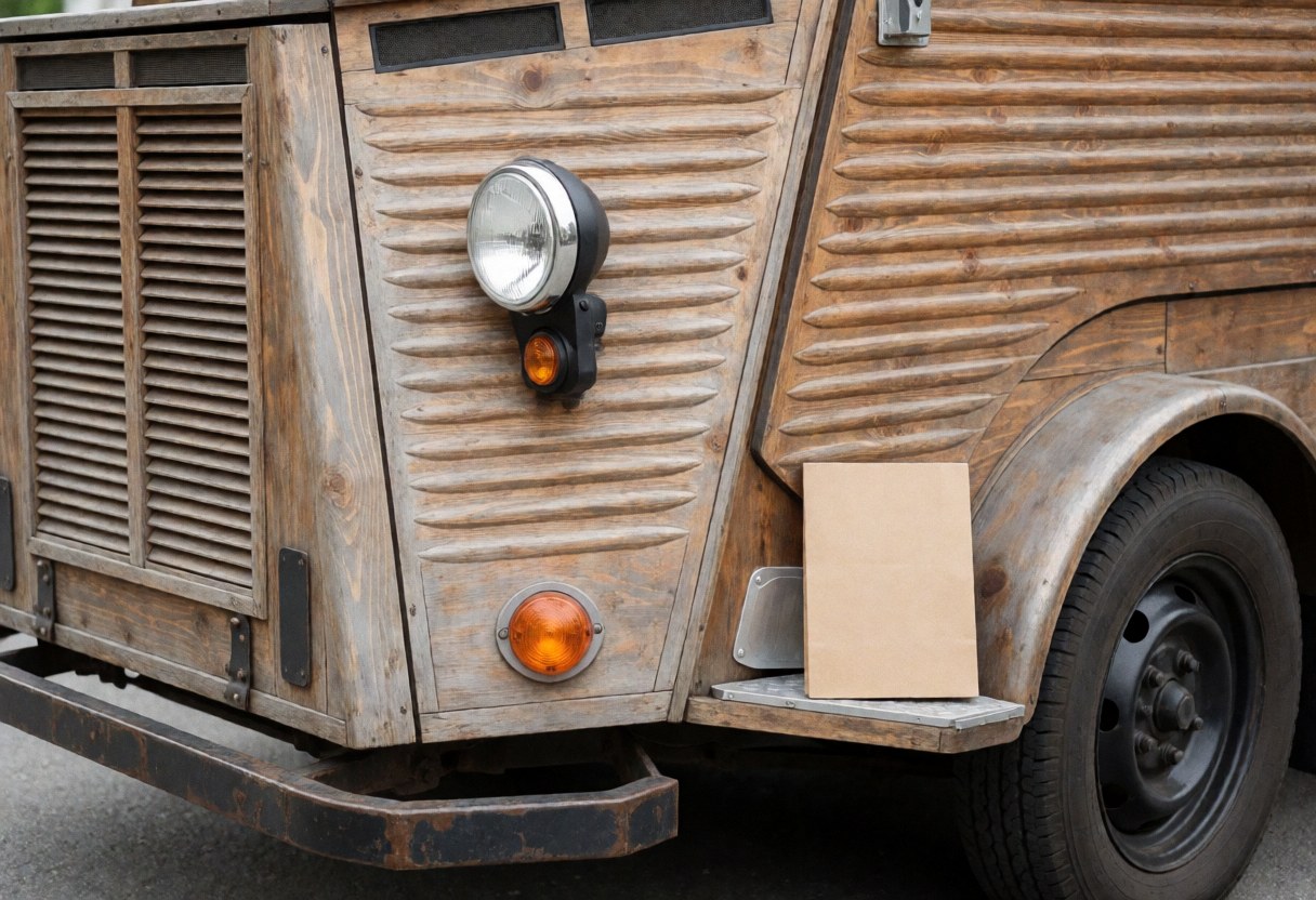 A rustic wooden food truck featuring vintage headlights, fenders, and a menu board on the step, illuminated by natural daylight in an outdoor setting.