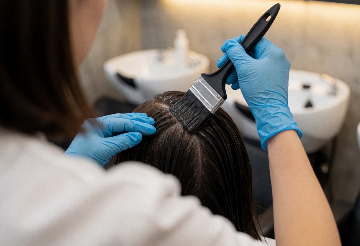 A stylist wearing blue gloves uses a brush to apply dark hair dye to a client's roots in a salon with white sinks and concrete walls.
