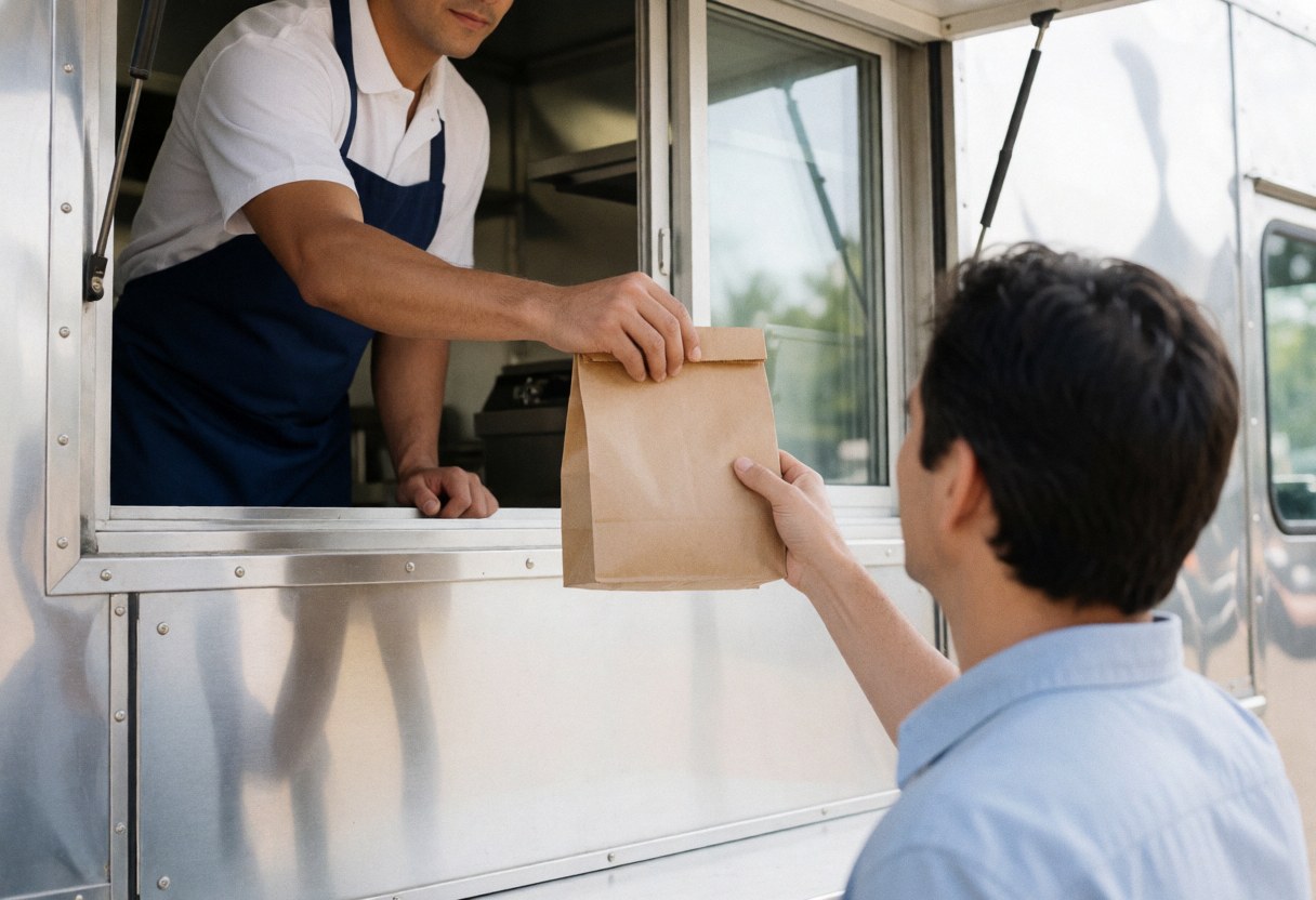 A customer receives a bag of food from a food truck vendor during a quick transaction at the service window on a sunny day.