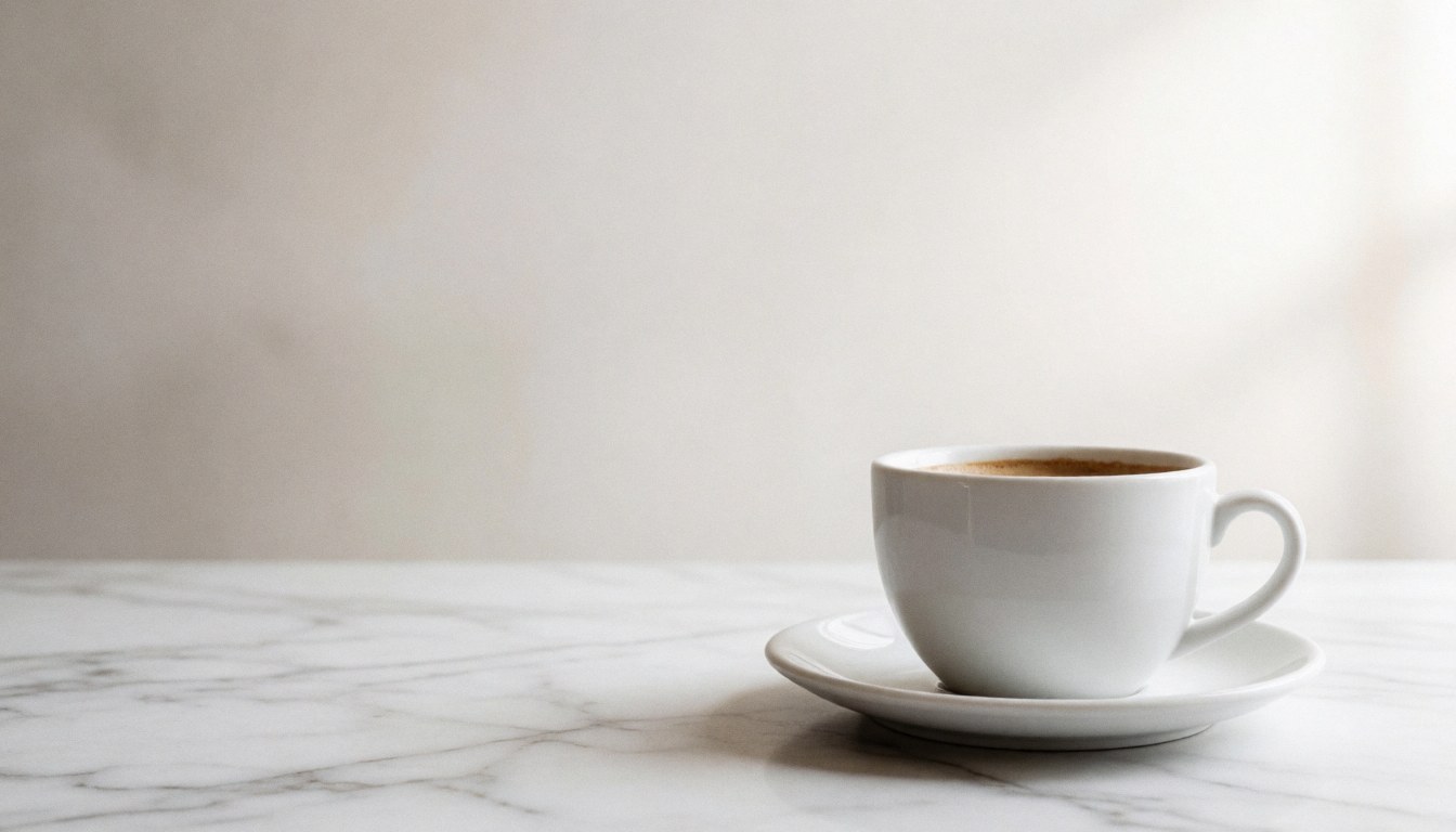Clean white marble surface with a coffee cup, serving as a minimalist background for business use