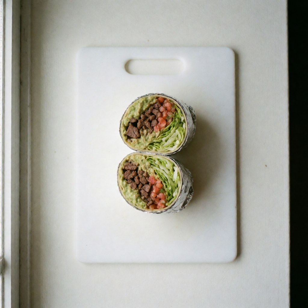 A halved burrito filled with meat, guacamole, lettuce, and pico de gallo resting on a white cutting board under natural light.