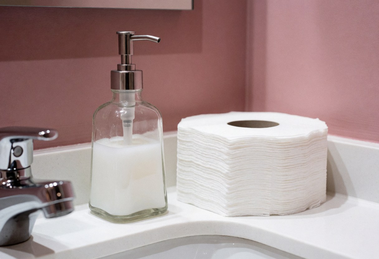 Bathroom vanity featuring a chrome faucet, soap dispenser, and paper towels against a pink wall, suitable for salon or beauty business decor