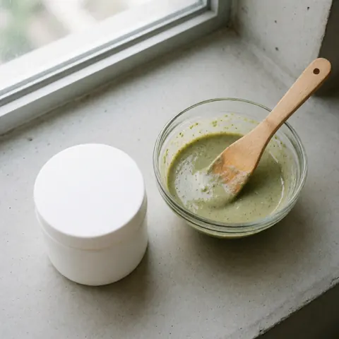 A glass bowl containing a green natural hair mask mixture with a wooden spatula, placed on a concrete table near a window with natural light