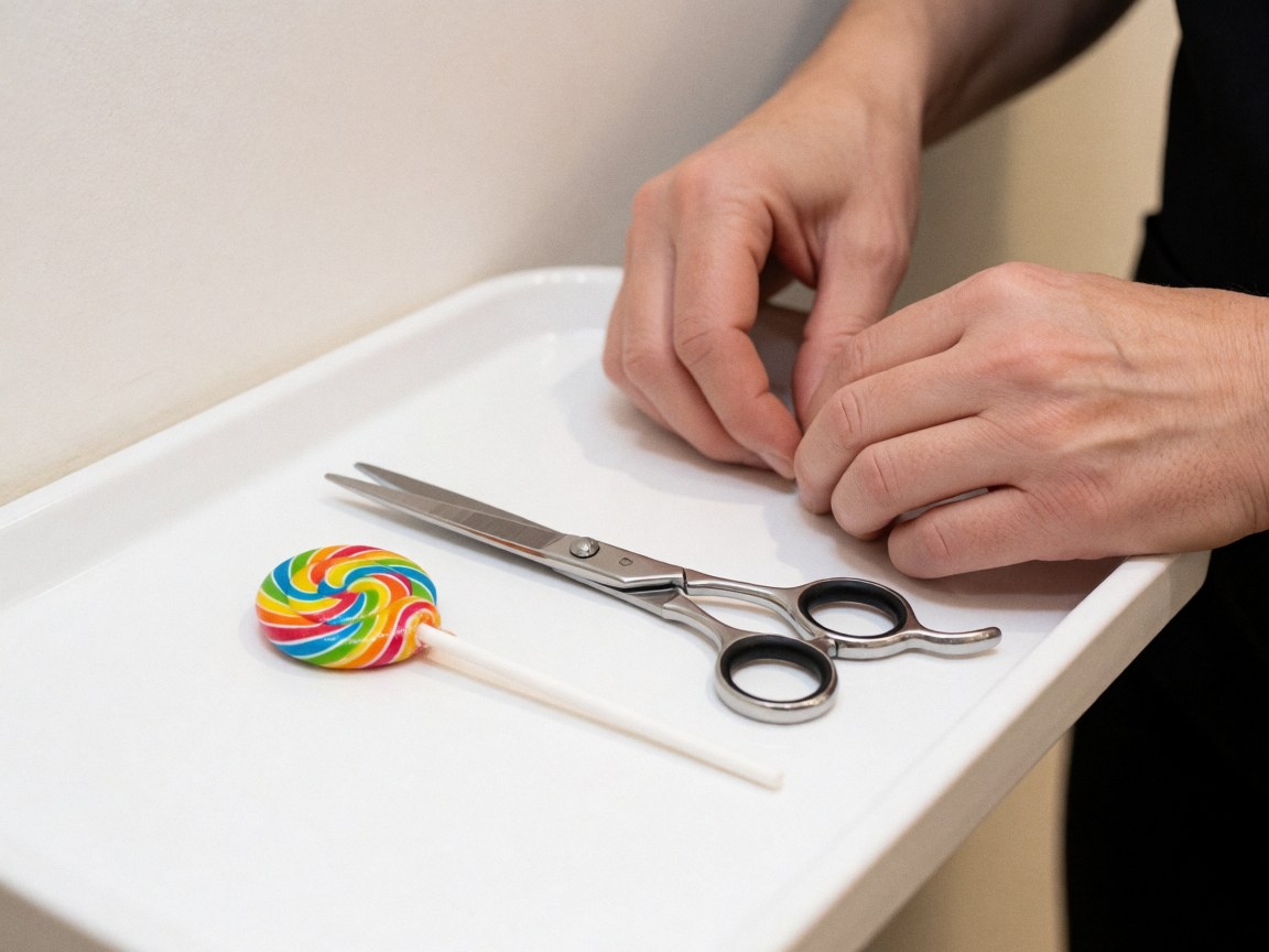 A close-up view of a colorful striped candy and a pair of scissors resting on a white tray, representing a children's hair salon setting.