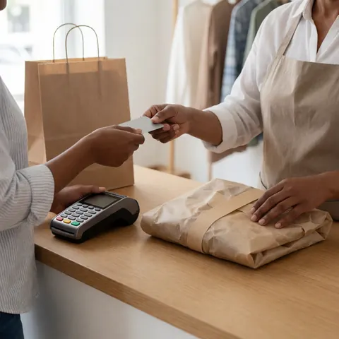 A smiling customer completes a purchase at a clothing boutique counter using a credit card while the sales associate assists with the transaction.