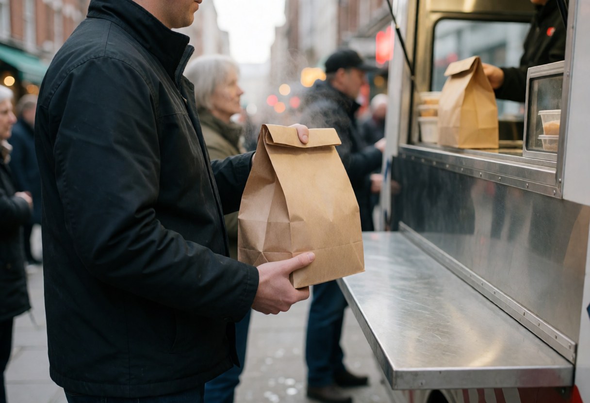 Delivery person holding a hot food bag standing in front of a food truck with steam rising and a blurred city background