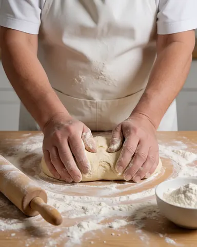 Close-up of hands kneading artisan bread dough on a clean wooden surface in a professional bakery setting