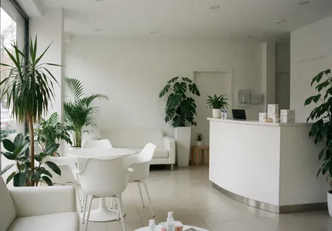 Modern dental clinic reception featuring white furniture, green plants, and a clean welcoming atmosphere for patients.