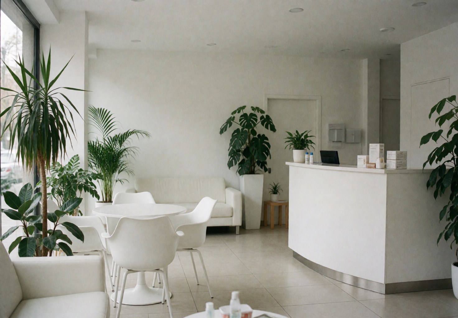Modern dental clinic reception featuring white furniture, green plants, and a clean welcoming atmosphere for patients.