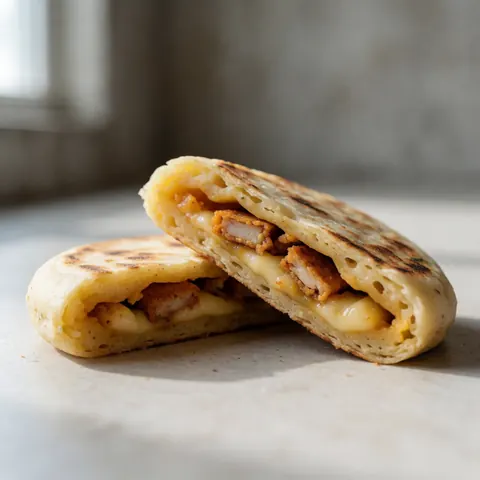 A freshly cooked stuffed pupusa filled with melted cheese and chicharron, showcasing the traditional corn masa texture and savory filling details.