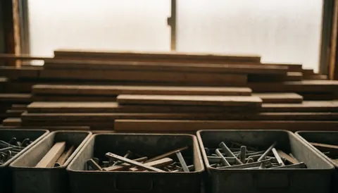 Stacked wooden planks and metal tool boxes in a workshop with warm diffuse lighting, suitable for carpentry and restoration text backgrounds