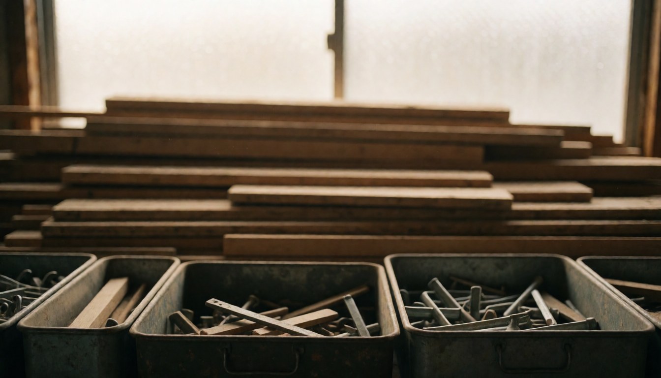 Stacked wooden planks and metal tool boxes in a workshop with warm diffuse lighting, suitable for carpentry and restoration text backgrounds