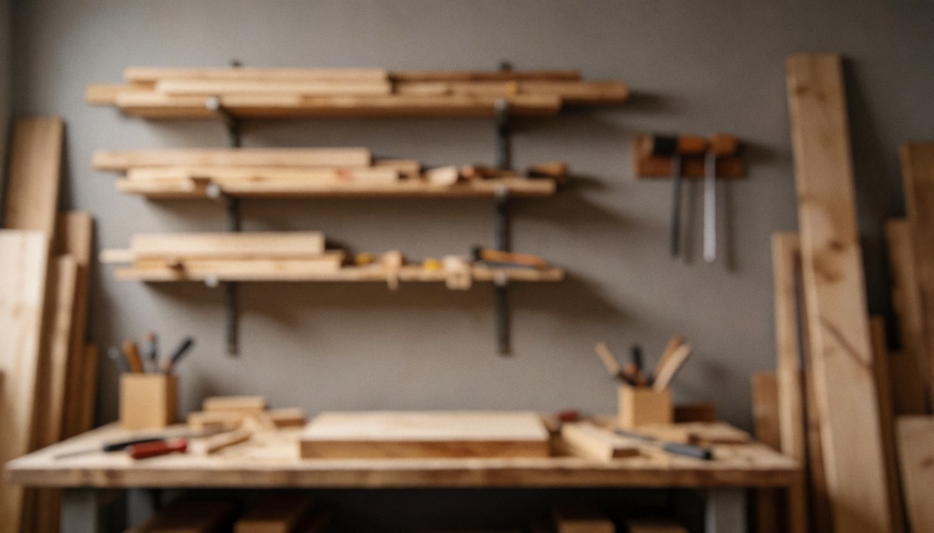 A textured wooden background suitable for business text, featuring scattered carpentry tools like a hammer, drill, and saw on a workbench surface.