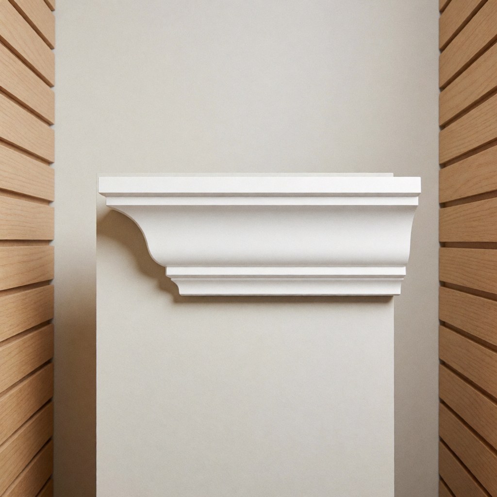 Close-up view of detailed white decorative crown molding installed on an interior wall, showcasing clean lines and classic architectural design elements for home renovation projects.
