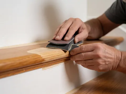 Close-up of a hand using sandpaper to polish wood on a staircase, with dust particles visible against a white wall and warm lighting.