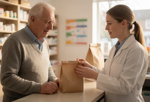 A pharmacist hands a medication bag to an older customer in a pharmacy with natural light and a friendly expression.