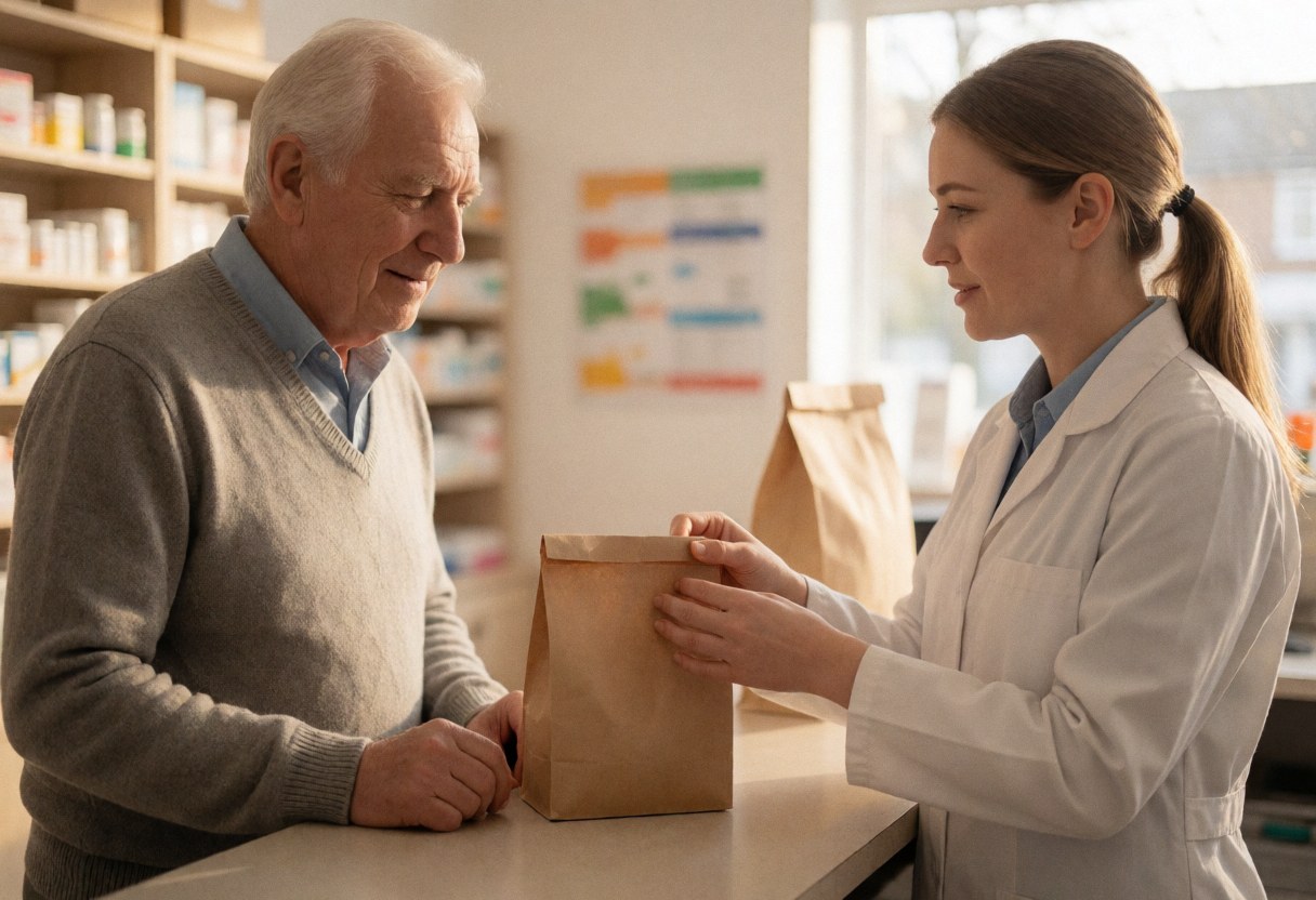 A pharmacist hands a medication bag to an older customer in a pharmacy with natural light and a friendly expression.
