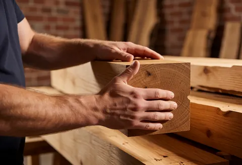 Close-up of a carpenter's hand inspecting the grain of oak wood in a workshop with warm lighting and a brick background