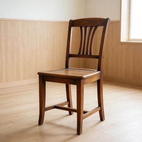 A restored wooden chair with a classic design placed in a bright interior room with light walls and a window