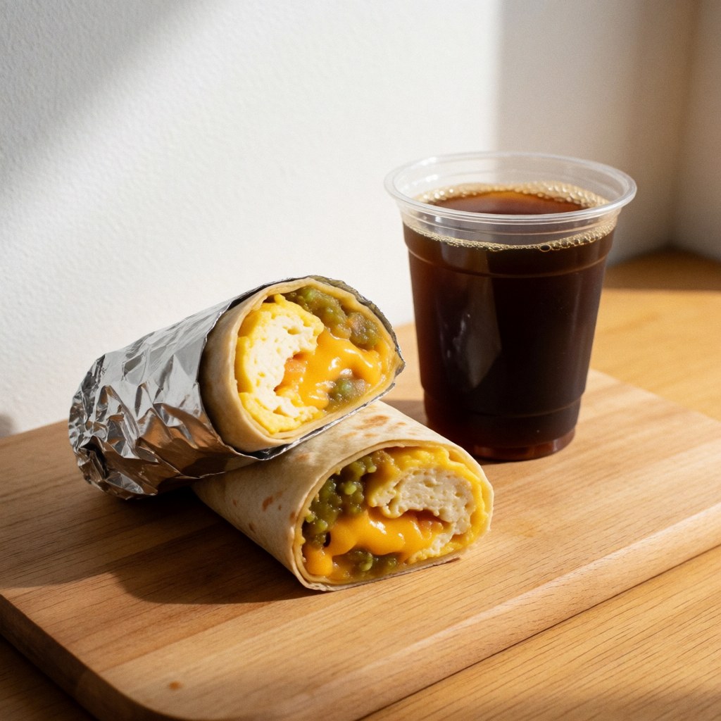 A halved breakfast burrito revealing melted cheese and green salsa on a wooden board, served next to a glass of black coffee under warm natural light.