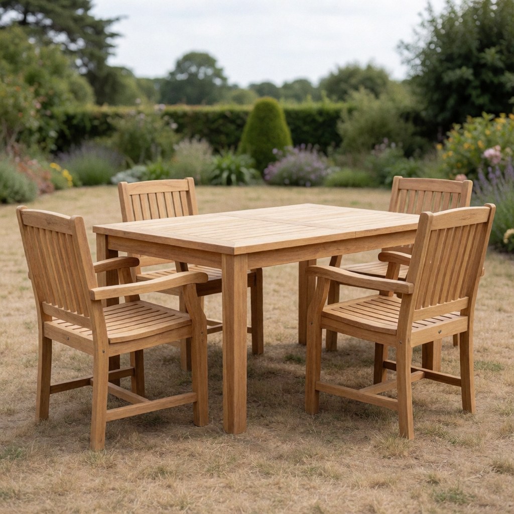 Sturdy teak outdoor dining table and chairs arranged on a patio for garden use