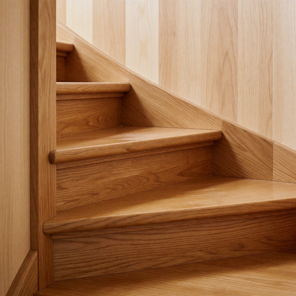 Close-up view of a modern wooden staircase featuring polished oak steps and natural wood grain details in an interior setting