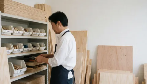 A professional worker in a clean, well-lit wood workshop with organized shelves, boxes, and tools for carpentry services