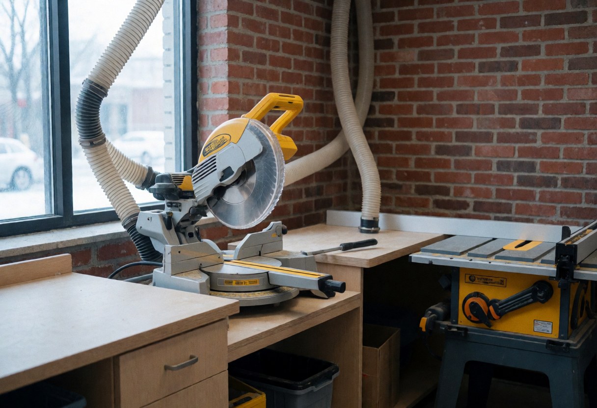 A wooden cutting station with tools and materials in a workshop with natural light