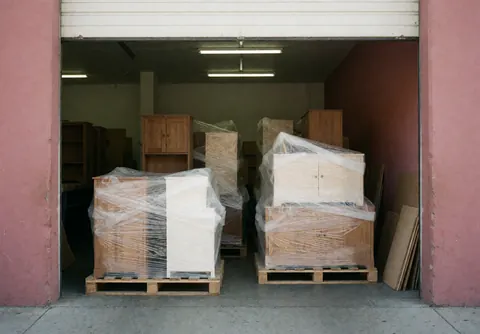Wrapped wooden furniture on pallets in a warehouse with pink walls and an open door, prepared for shipping and logistics